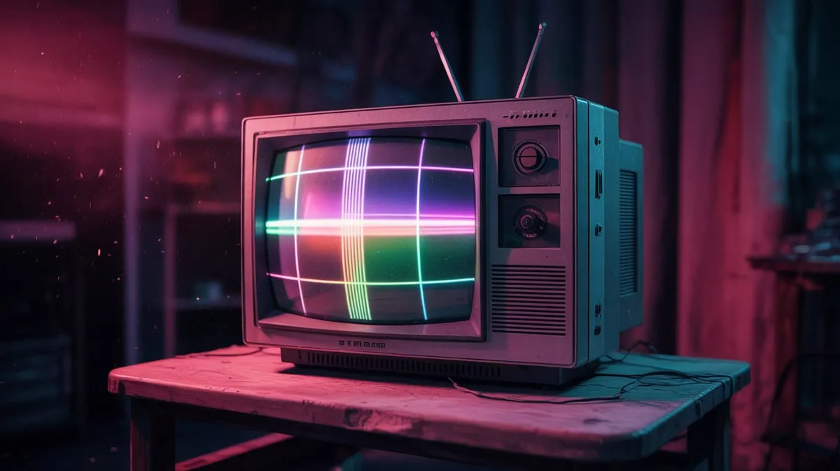 Старый телевизор в темной комнате с VHS-атмосферой и фиолетовым светом